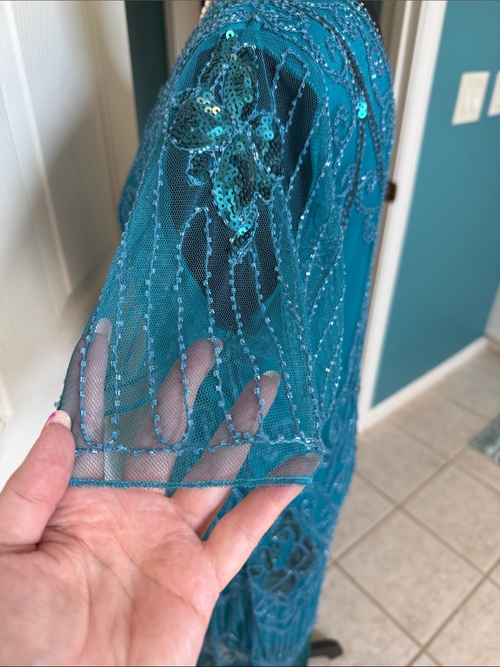 Flapper Style Teal Beaded Fringe Evening Dress - Picture 7 of 7
